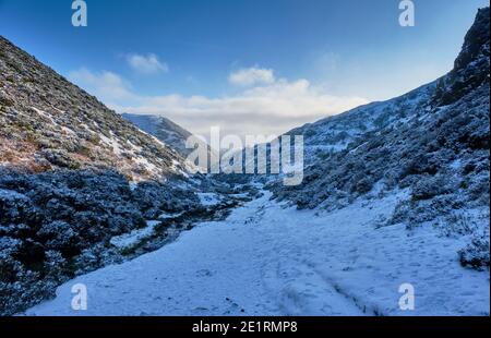 Neve in carding Mill Valley, Chiesa Stretton, Shropshire Foto Stock