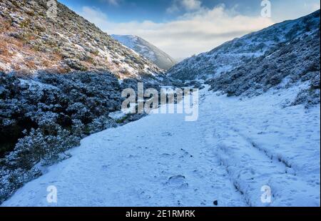 Neve in carding Mill Valley, Chiesa Stretton, Shropshire Foto Stock