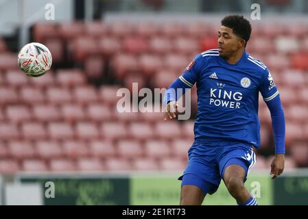 Stoke on Trent, Regno Unito. 09 gennaio 2021. Wesley Fofana di Leicester City in azione. La terza partita della fa Cup Emirates, Stoke City contro Leicester City allo stadio Bet365 di Stoke on Trent sabato 9 gennaio 2021. Questa immagine può essere utilizzata solo per scopi editoriali. Solo per uso editoriale, è richiesta una licenza per uso commerciale. Nessun uso in scommesse, giochi o un singolo club/campionato/giocatore publications.pic di Chris Stading/Andrew Orchard sports photography/Alamy Live News Credit: Andrew Orchard sports photography/Alamy Live News Foto Stock