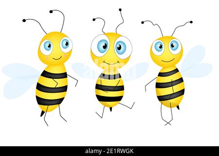 Set di carino mascotte di ape cartoon. Una piccola api vola. Raccolta WASP. Carattere vettoriale. Icona di insetto. Modello per invito, biglietti, sfondo, Foto Stock