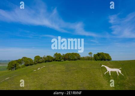 La Chernill White Horse Chalk collina figura vicino Calne, Wiltshire, Inghilterra. Immagine acquisita dal drone. Foto Stock