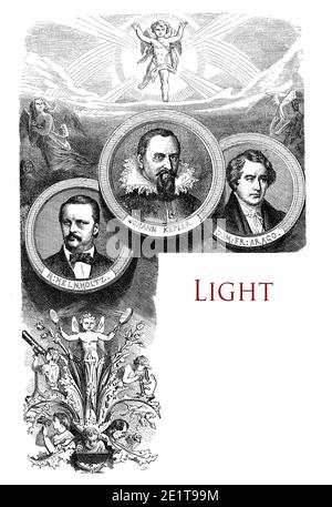 Bel capitolo tipografico vintage sulla luce decorato dai ritratti di Kepler, Helmholtz e Arago, scienziati che studiavano le proprietà della luce e del movimento planetario Foto Stock
