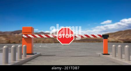 Cancello per auto all'aperto con segnale di stop, controllo uscita garage parcheggio, sfondo blu cielo, braccio automatico chiuso, sistema di sicurezza, concetto di controllo. i 3d Foto Stock