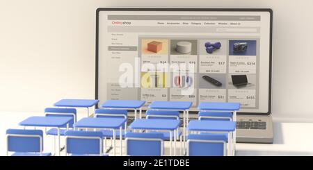 Sito Web del negozio online, scrivanie per studenti ed eshop, pagina Web di e-commerce su schermo di un computer portatile, sfondo bianco. illustrazione 3d Foto Stock