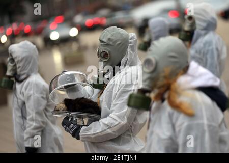 Gli ambientalisti protestano contro le fattorie di pellicce dei mink bulgari che indossano maschere a gas. Foto Stock