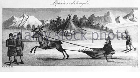 Laplanders e Samoyedes, illustrazione d'annata del 1810 Foto Stock