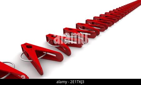 Clothespin in plastica. Stappine di plastica rosse in fila su sfondo bianco. Illustrazione 3D Foto Stock