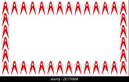 Clothespin in plastica. Cornice rettangolare. Molti clothespins di plastica rossi formano una cornice rettangolare su uno sfondo bianco. Illustrazione 3D Foto Stock