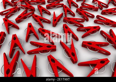 Clothespin in plastica. Molti clothespins rossi di plastica su uno sfondo bianco. Illustrazione 3D Foto Stock