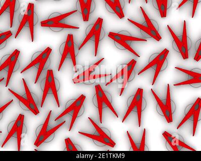 Clothespin in plastica. Molti clothespins rossi di plastica su uno sfondo bianco. Illustrazione 3D Foto Stock