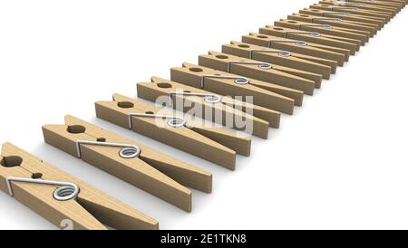 Clothespins fatto da legno. I clothespins di legno in una fila su uno sfondo bianco. Illustrazione 3D Foto Stock