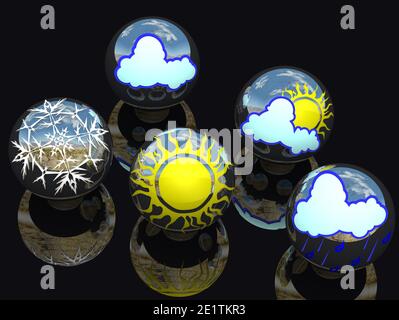 Palline con simboli meteo. Palle speculari con simboli meteo giacciono su una superficie nera. Illustrazione 3D Foto Stock