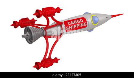 Trasporto del carico. Iscrizione sulla navicella spaziale. Astronave etichettata "CARGO SHIPPING". Isolato Foto Stock