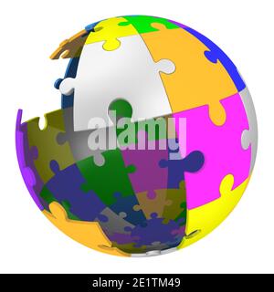 Puzzle sferico multicolore con pezzi mancanti. Sfera fatta da puzzle con pezzi mancanti. Isolato. Illustrazione 3D Foto Stock