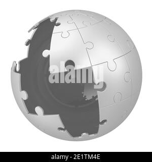 Puzzle sferico con pezzi mancanti. Sfera fatta da puzzle con pezzi mancanti. Isolato. Illustrazione 3D Foto Stock