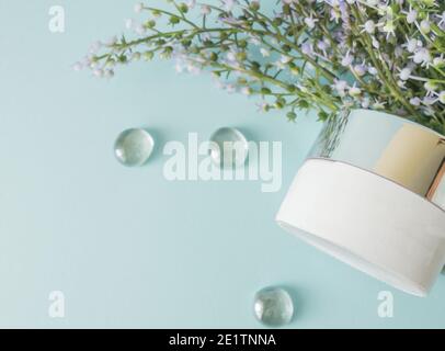 Cosmetici naturali e foglie verdi su sfondo blu, vista dall'alto, piatto. Naturale organico skincare e sano stile di vita concetto Foto Stock