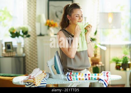 sorridente donna trendy di 40 anni in blusa di seta e pantaloni beige con ferro e asse da stiro a vapore nella casa moderna in giornata di sole. odore di fresco Foto Stock