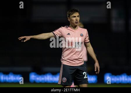 Bristol, Regno Unito. 09 gennaio 2021. Ben Osborn di Sheffield United guarda avanti. Emirates fa Cup, 3° round match, Bristol Rover contro Sheffield United al Memorial Stadium di Bristol, Avon sabato 9 gennaio 2021. Questa immagine può essere utilizzata solo per scopi editoriali. Solo per uso editoriale, è richiesta una licenza per uso commerciale. Nessun utilizzo nelle scommesse, nei giochi o nelle pubblicazioni di un singolo club/campionato/giocatore. pic by Lewis Mitchell/Andrew Orchard sports photography/Alamy Live news Credit: Andrew Orchard sports photography/Alamy Live News Foto Stock