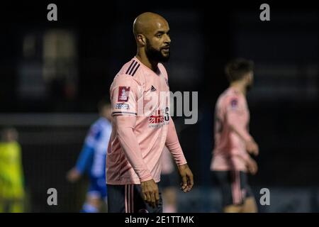 Bristol, Regno Unito. 09 gennaio 2021. David McGoldrick di Sheffield United guarda sopra. Emirates fa Cup, 3° round match, Bristol Rover contro Sheffield United al Memorial Stadium di Bristol, Avon sabato 9 gennaio 2021. Questa immagine può essere utilizzata solo per scopi editoriali. Solo per uso editoriale, è richiesta una licenza per uso commerciale. Nessun utilizzo nelle scommesse, nei giochi o nelle pubblicazioni di un singolo club/campionato/giocatore. pic by Lewis Mitchell/Andrew Orchard sports photography/Alamy Live news Credit: Andrew Orchard sports photography/Alamy Live News Foto Stock