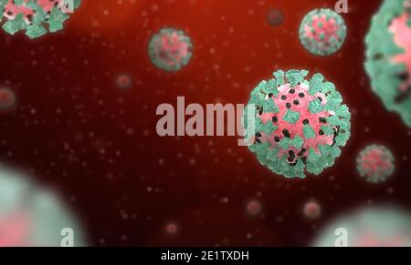Coronavirus, Covid-19, illustrazione di immagini 3d, vista microscopica di cellule virali flottanti. Influenza, 2019 ncov. Concetto di pandemia, epidemia Foto Stock