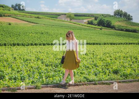 Una giovane donna esplora i vigneti di Saint-Emilion, nella regione francese di Bordeaux. Foto Stock