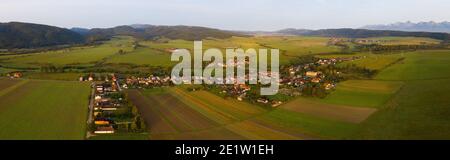 Villaggio con case in campagna circondato da verde natura da vista aerea. Foto Stock