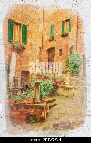 Portico d'epoca su strada in Toscana, pittura acquerello Foto Stock