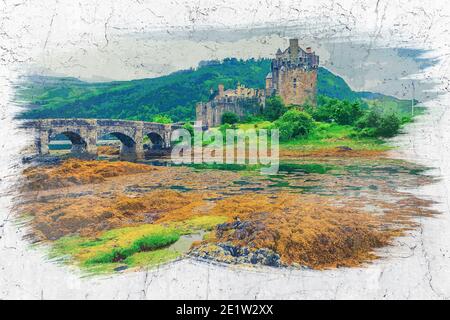 Eilean Donan Castle in autunno, Scozia, Regno Unito, pittura acquerello Foto Stock