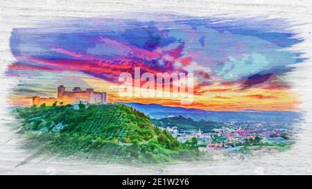 Bel tramonto sul castello di Spoleto, Italia, Umbria, pittura acquerello Foto Stock