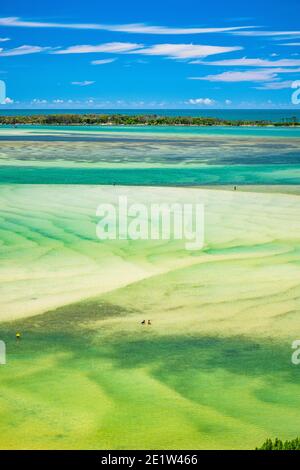 Vista aerea su Golden Beach del Pumicestone Passage e dell'Isola delle corride sulla Sunshine Coast nel Queensland in una splendida giornata estiva. Foto Stock