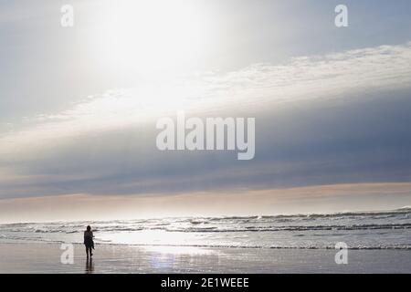 Silhouette di una persona in piedi da sola su una spiaggia. Foto Stock