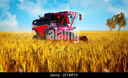 Illustrazione 3D industriale della mietitrebbia per la raccolta della granella senza equipaggio il campo dell'azienda Foto Stock