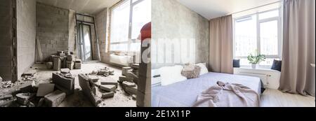 Confronto di una camera in un appartamento prima e dopo ristrutturazione nuova casa Foto Stock