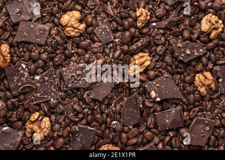 Noci, cioccolato e caffè. La vista dall'alto. Foto Stock