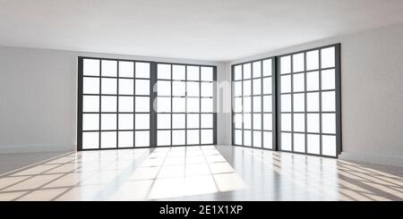 accogliente soggiorno loft bianco vuoto con laminato di stile luminoso illustrazione del rendering 3d del pavimento in legno Foto Stock