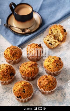 Semi di chia fatti in casa e muffin ai mirtilli rossi. Foto Stock