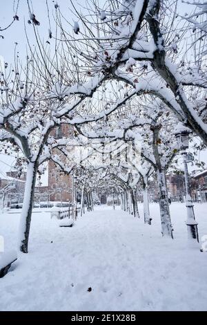 Filomena Storm; neve che copre piazza Cervantes il 09 gennaio 2021 ad Alcala De Henares, Spagna. Foto di May Robledo/Alfa Images /ABACAPRESS.COM Foto Stock