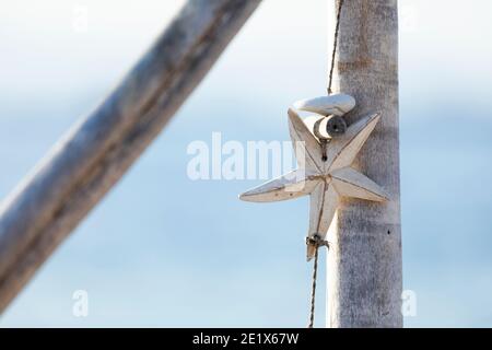 decorazione artigianale di pezzi di legno di drift e, conchiglie di mare che si flettano nel vento con un terreno posteriore sfocato Foto Stock