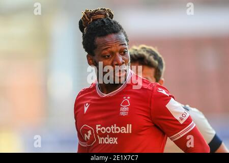 NOTTINGHAM, INGHILTERRA. 9 GENNAIO Gaetan Bong (13) di Nottingham Forest durante la partita della fa Cup tra Nottingham Forest e Cardiff City al City Ground di Nottingham sabato 9 gennaio 2021. (Credit: Jon Hobley | MI News) Credit: MI News & Sport /Alamy Live News Foto Stock