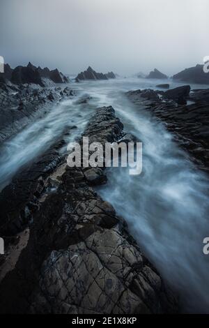 Nebbia di mare a Hartland Quay nel Devon del Nord Foto Stock