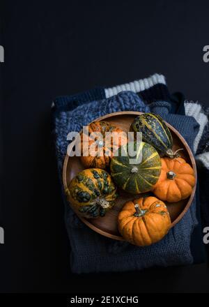 Mazzo di zucche nane verdi, arancioni e a righe in un piatto di legno su alcuni pullover di lana calda. Foto Stock