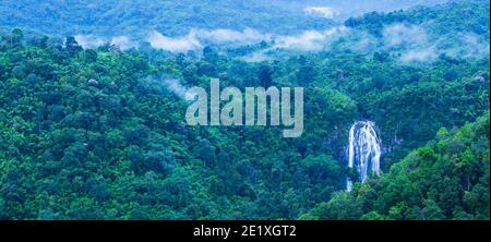 Vista aerea della cascata tropicale in nebbia blu, scenario cascata tropicale in mattinata pioggia. Khlong LAN National Park, Thailandia. Esposizione lunga. Foto Stock