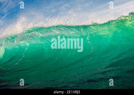 Onda perfetta di surf in oceano. Infrangente onda turchese con luce solare Foto Stock