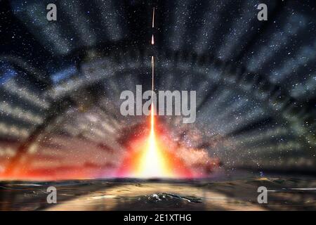 Lancio missilistico di notte. Bagliore del cielo con un alone tecnologico intorno al volo. Elementi di questa immagine forniti dalla NASA Foto Stock