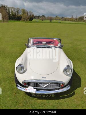 Classic bianco Daimler Dart SP250 vettura sportiva in mostra parcheggiata in erba. Foto Stock