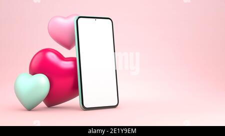 3D rendering cellulare mockup con cuori per giorno San Valentino grande modello di vendita. Immagine 3D dello schermo vuoto di uno smartphone generico su un colore rosa pastello Foto Stock