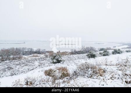 Estany Ivars i Vila-sana (Pla d'Urgell, Catalogna, Spagna), neve, dopo Storm Filomena Foto Stock