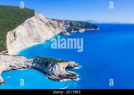 Lefkada, Grecia. Vista aerea della spiaggia di Porto Katsiki. Foto Stock