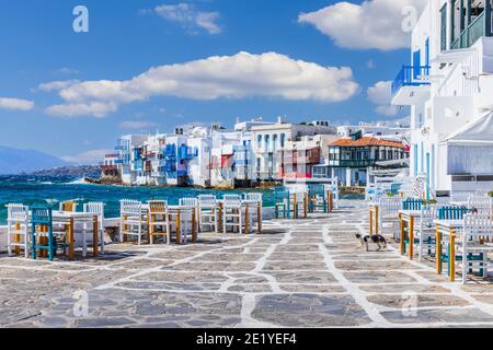 Mykonos, Grecia. Lungomare di Little Venice, Mykonos. Foto Stock