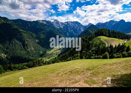 Prospettive da Solcava a Logarska Dolina, Slovenia Foto Stock